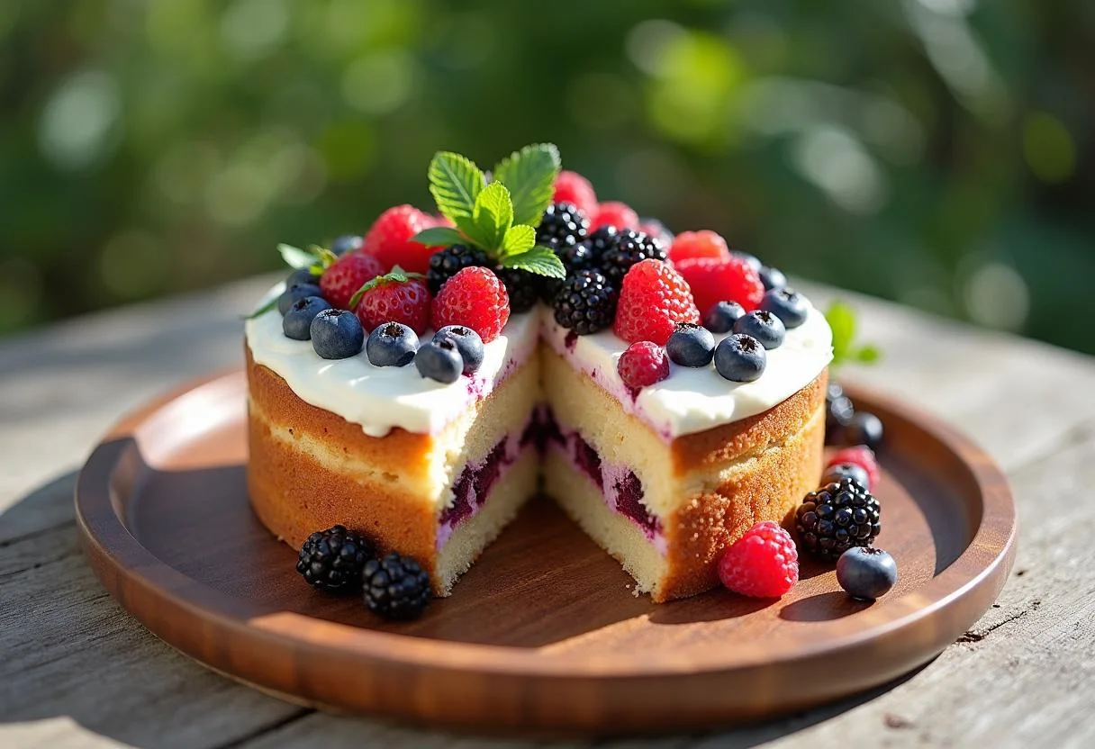 Fertiger leichter Kuchen mit Beeren Joghurt, ideal für den Sommer auf einem schönen Tisch.