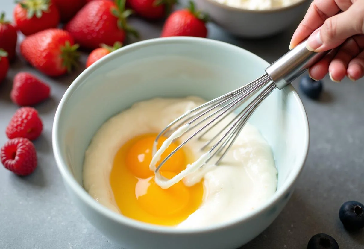 Mischen von Joghurt und Eiern zur Zubereitung des Kuchens mit Beeren im Sommer.