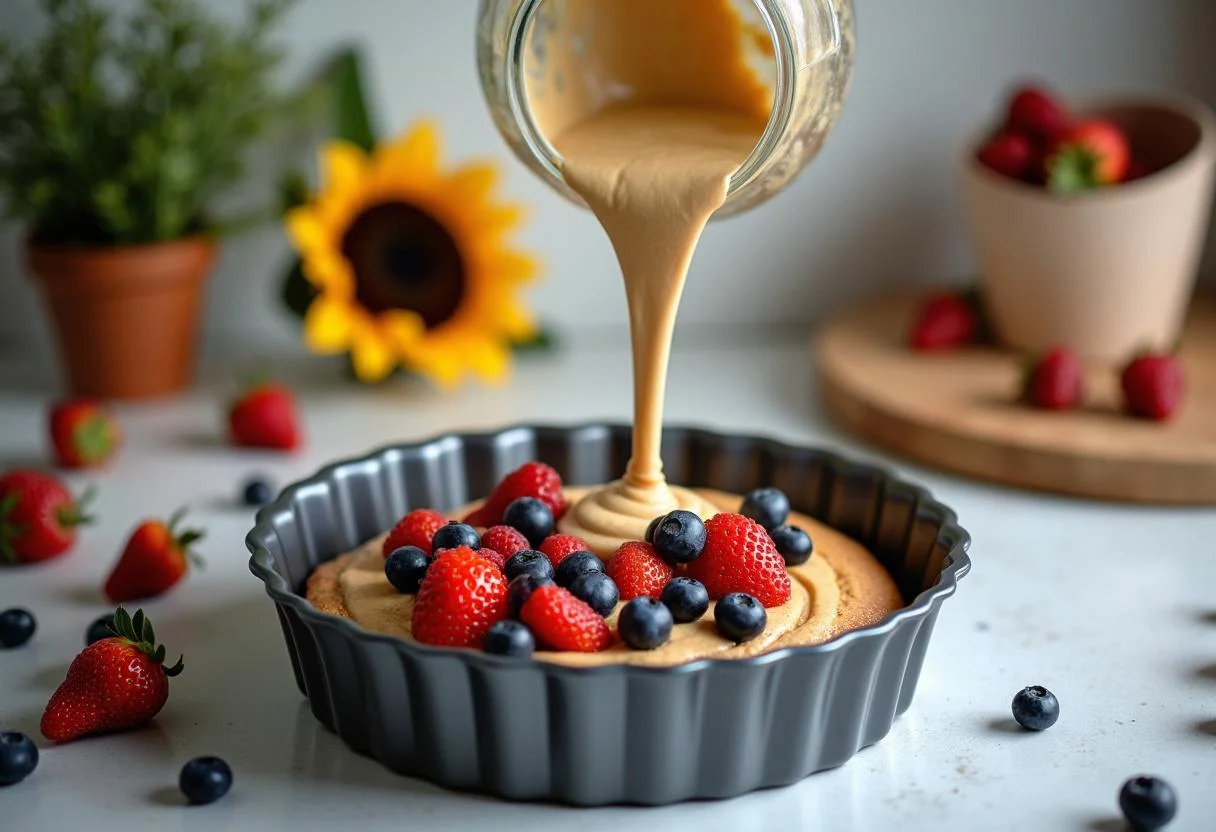 Teig für leichten Kuchen mit Beeren wird in eine Kuchenform gegossen, bereit zum Backen.