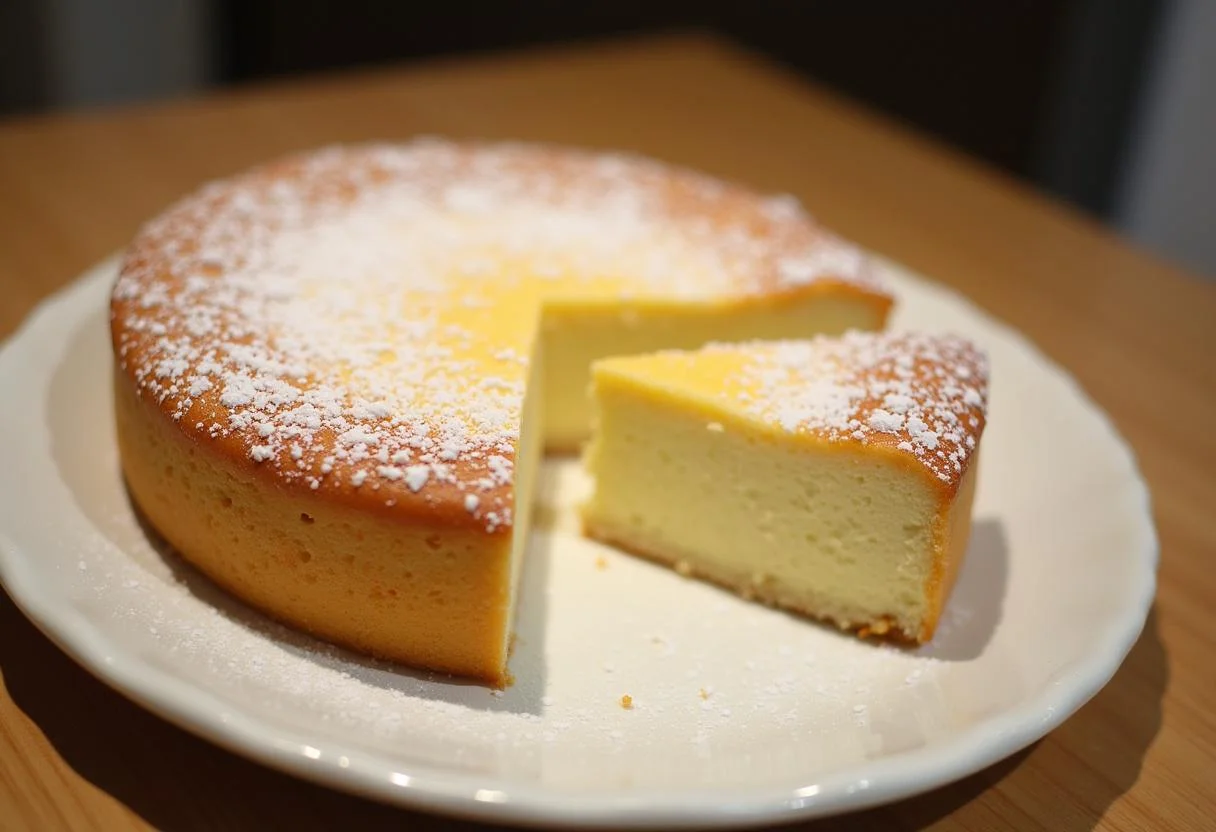 Fertiger leichter Kuchen mit Quark auf einem Servierteller, ideal für die Kaffeetafel.