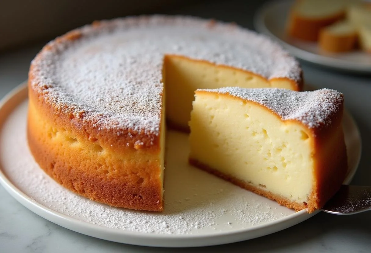 Fertiger leichter Kuchen mit Quark auf einem Servierteller, ideal für die Kaffeetafel.