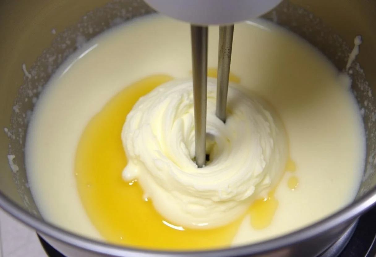 Quark und Öl werden für den Kuchen aus Quark in einer Schüssel vermischt.