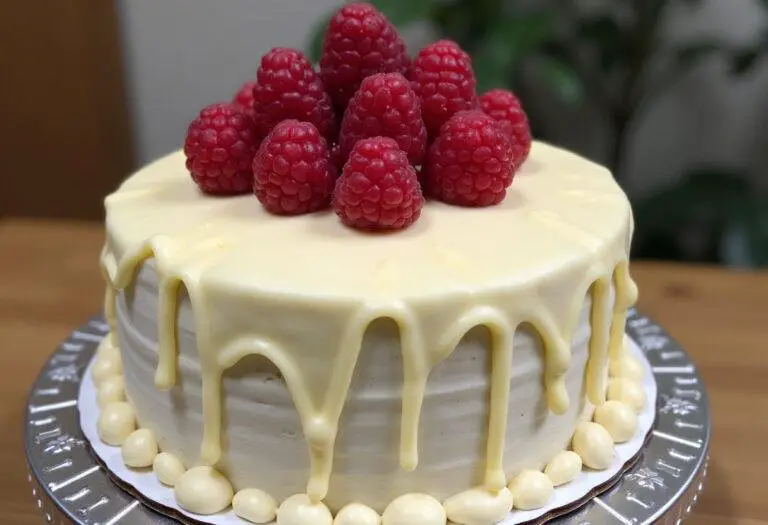 Fertig kuchen mit weißer schokolade und Himbeeren, ideal für jeden Anlass.