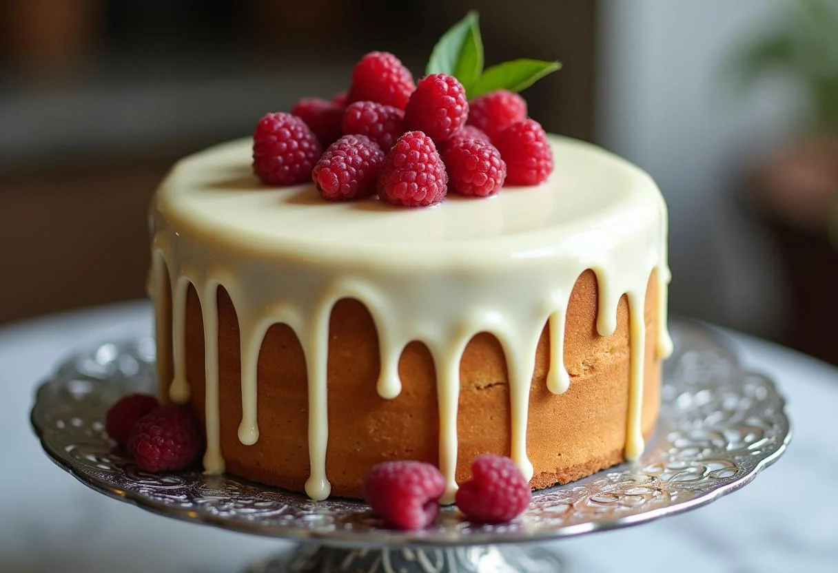 Fertig kuchen mit weißer schokolade und Himbeeren, ideal für jeden Anlass.