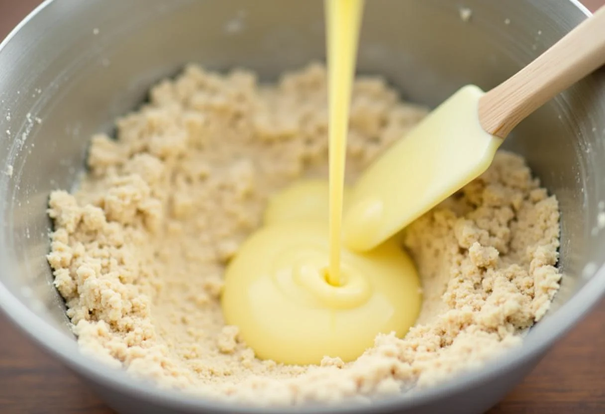 Melted white chocolate hinzugefügt zu den trockenen Zutaten von kuchen aus weißer schokolade.