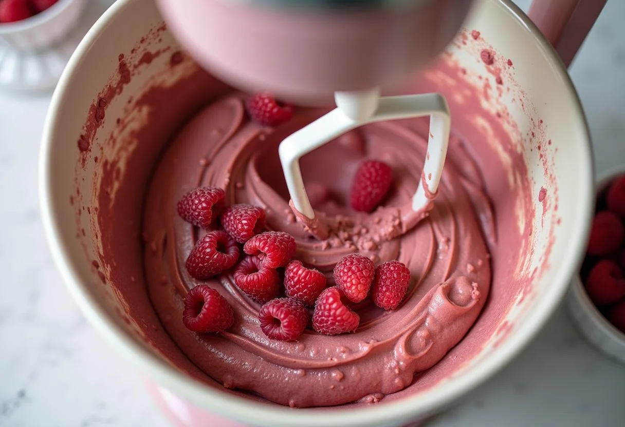 Frische Himbeeren werden unter den kuchen batter für weißen schokolade kuchen gemischt.