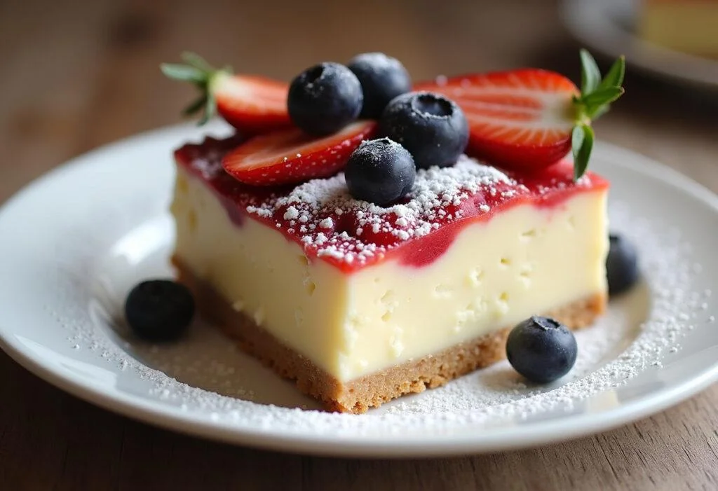 Fertiger Quark Pudding Kuchen mit frischen Früchten auf dem Teller, ideal für Desserts.