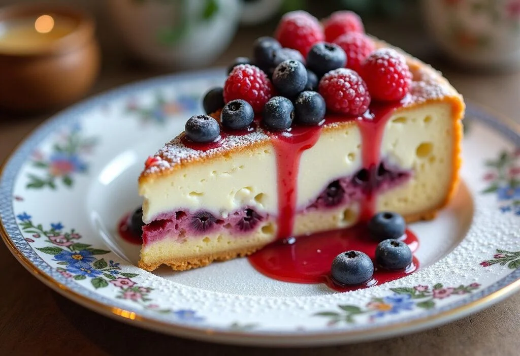 Finished luftiger Mascarpone Kuchen with fresh berries, ideal for a delightful dessert.
