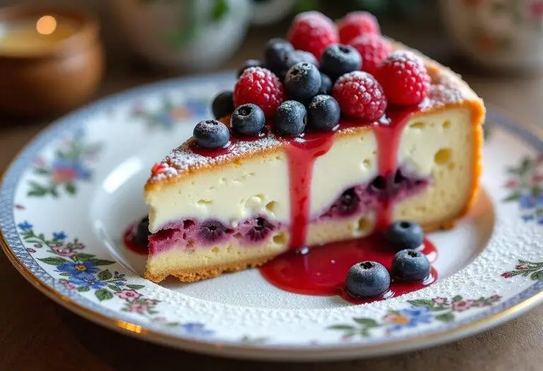 Finished luftiger Mascarpone Kuchen with fresh berries, ideal for a delightful dessert.