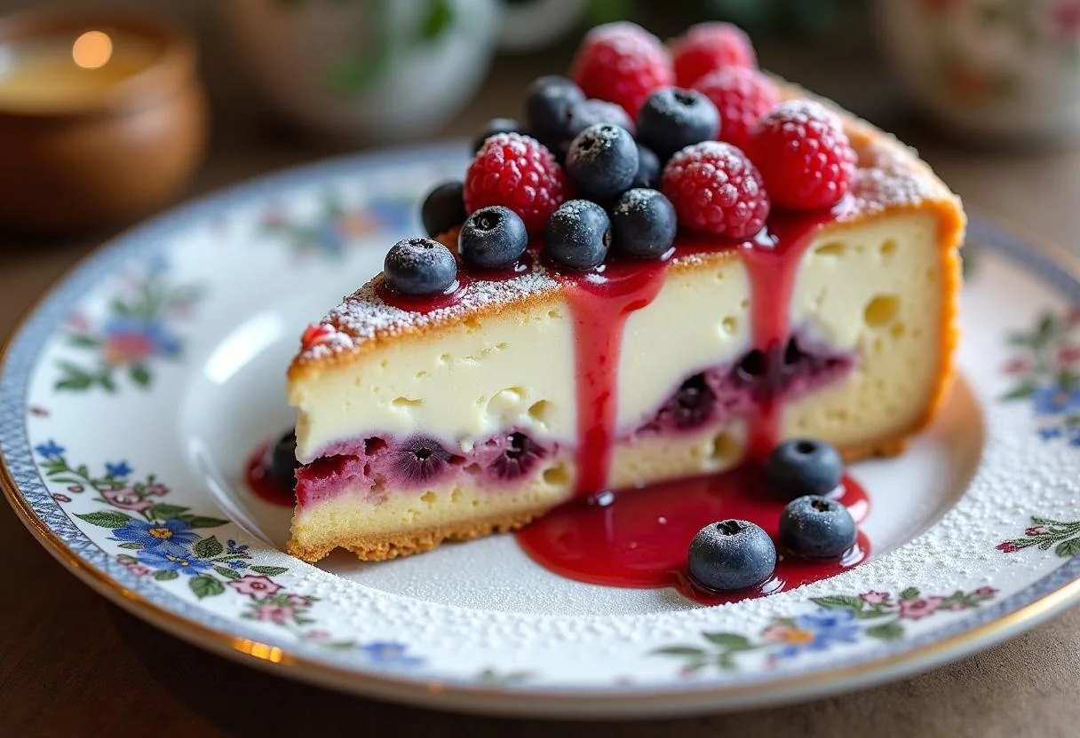Finished luftiger Mascarpone Kuchen with fresh berries, ideal for a delightful dessert.
