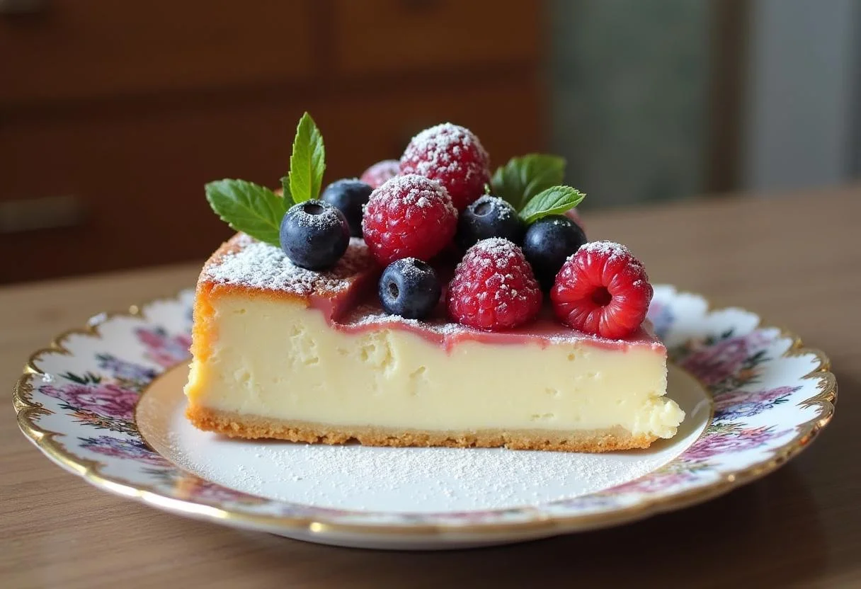 Fertiger luftiger Mascarpone Kuchen mit frischen Beeren, ideal als köstliches Dessert.