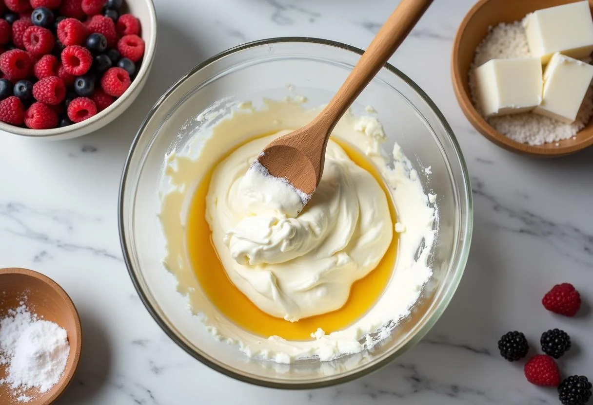 Mascarpone, Zucker und Vanille in einer Schüssel zur Zubereitung von luftigem Mascarpone Kuchen.
