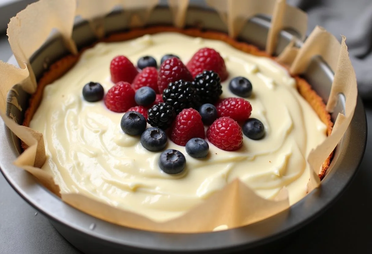 Teig wird in eine Backform für Mascarpone Kuchen gegossen, belegt mit frischen Beeren.