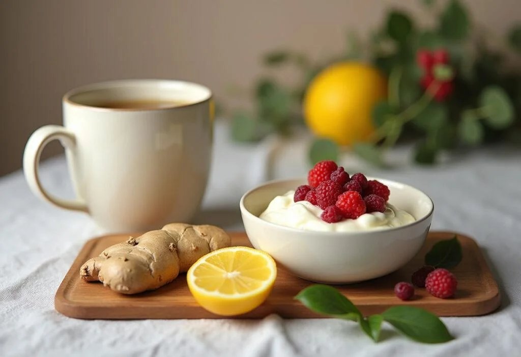 Completed Magen Darm remedy setup with tea, yogurt, and ginger, perfect for alleviating symptoms.