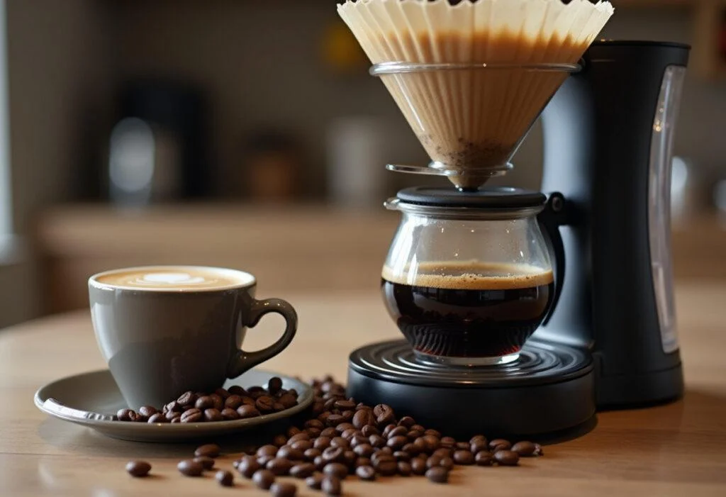 Elegante Präsentation einer Tasse Melitta Kaffee neben der Filtermaschine, ideal für Kaffee-Liebhaber.