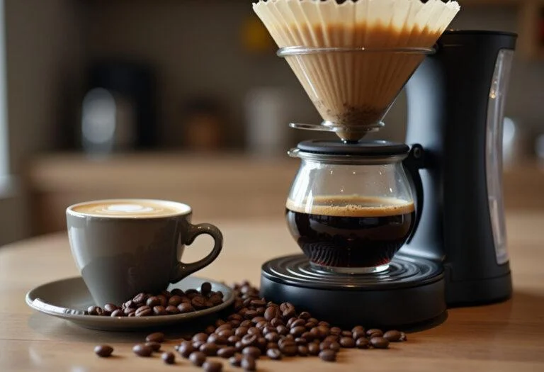 Elegante Präsentation einer Tasse Melitta Kaffee neben der Filtermaschine, ideal für Kaffee-Liebhaber.