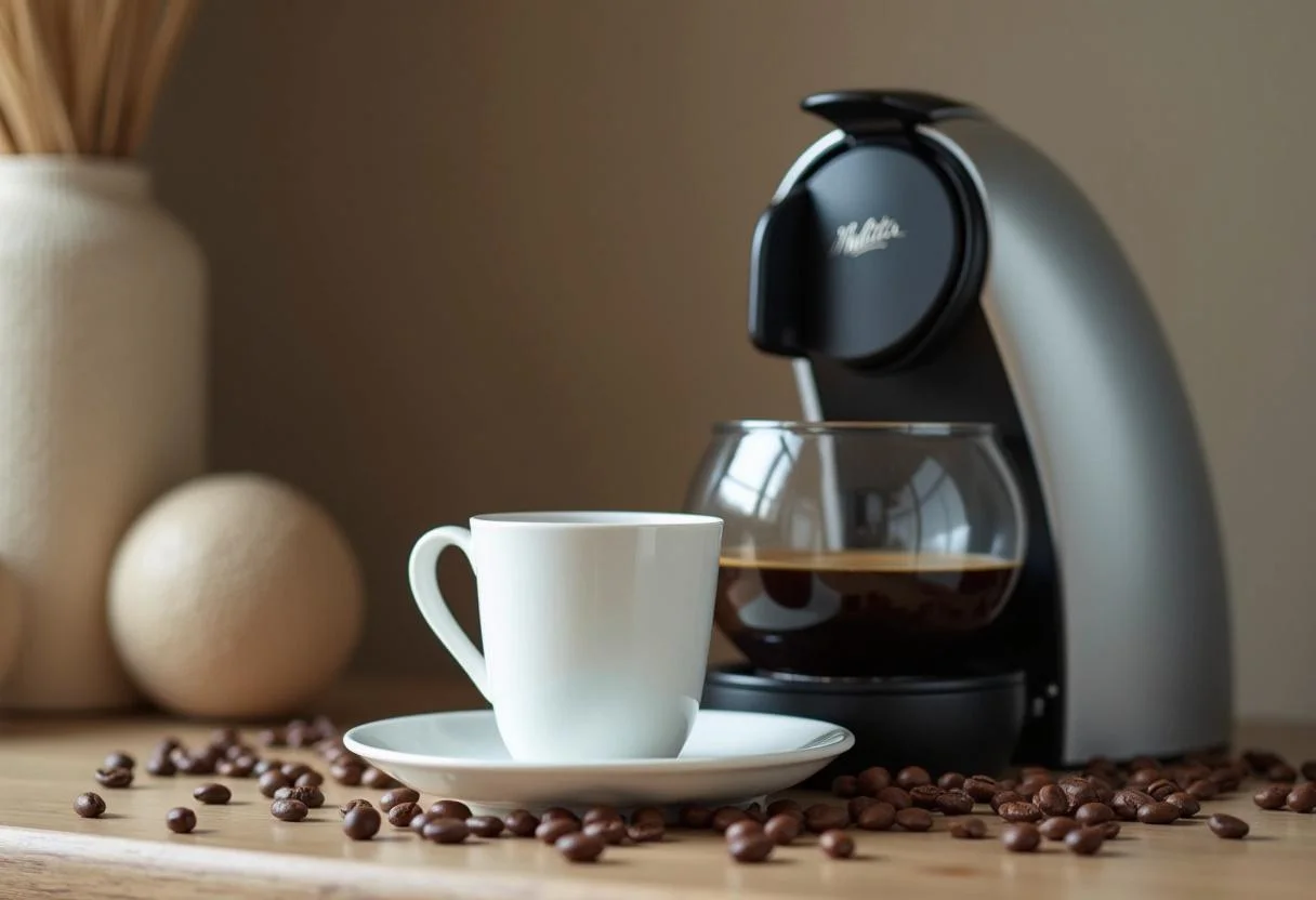 Elegante Präsentation einer Tasse Melitta Kaffee neben der Filtermaschine, ideal für Kaffee-Liebhaber.