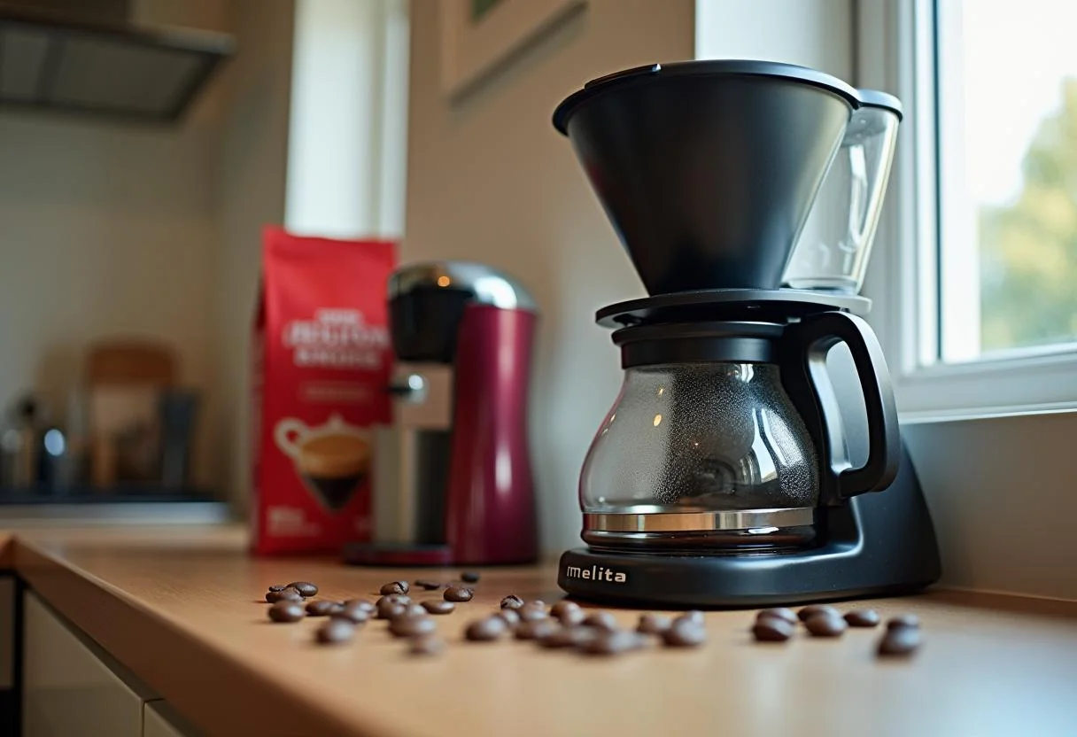 Melitta Kaffee Filtermaschine mit Bohnen und Kaffee-Paket für melitta kaffee im angebot lidl.