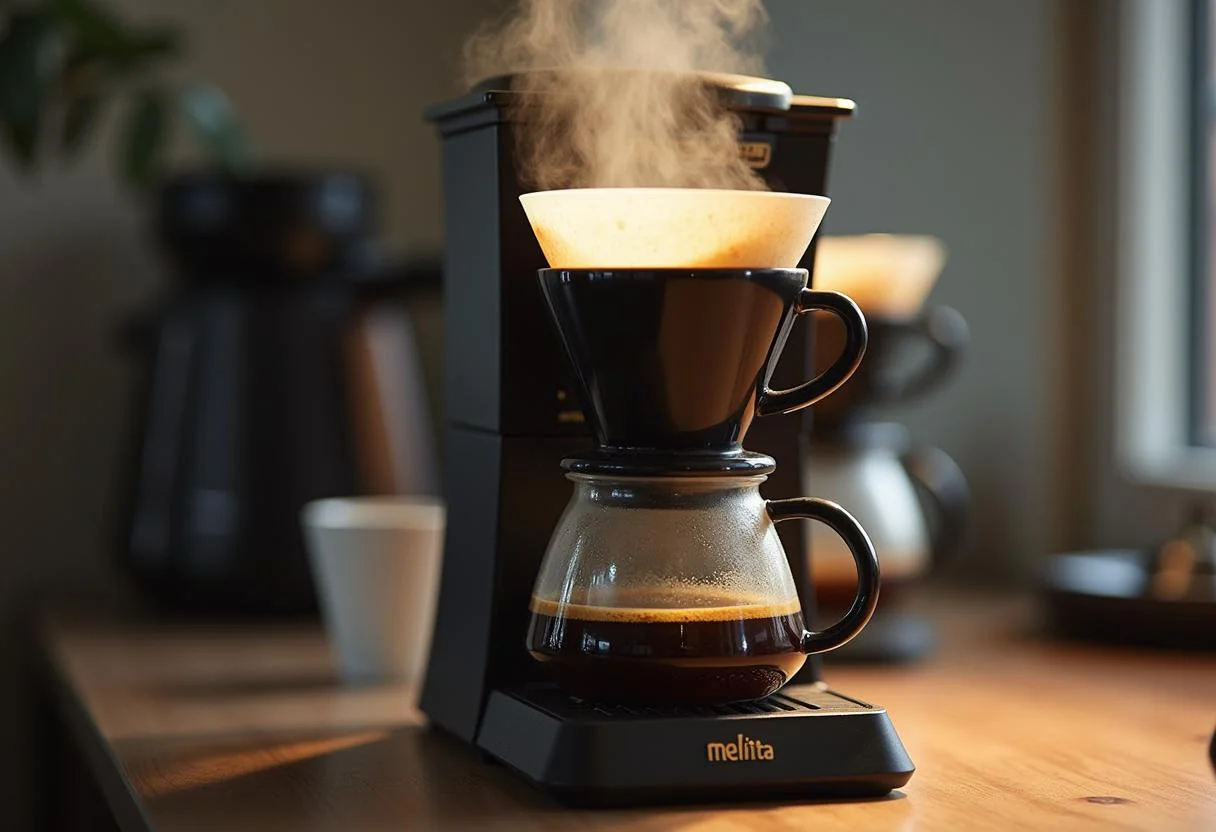 Kaffee wird in eine Tasse aus der Melitta Filtermaschine für melitta kaffee im angebot netto gebrüht.