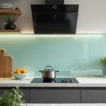 Moderne Küche mit Glas Spritzschutz als Blickfang, unterstrichen durch frische Kräuter und stilvolle Küchenutensilien.