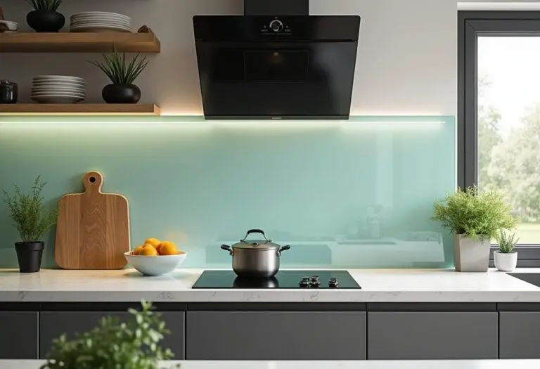 Moderne Küche mit Glas Spritzschutz als Blickfang, unterstrichen durch frische Kräuter und stilvolle Küchenutensilien.
