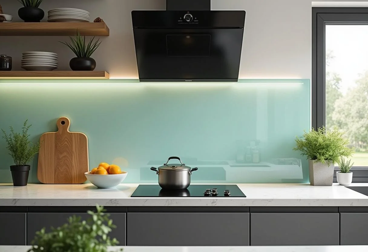 Moderne Küche mit Glas Spritzschutz als Blickfang, unterstrichen durch frische Kräuter und stilvolle Küchenutensilien.