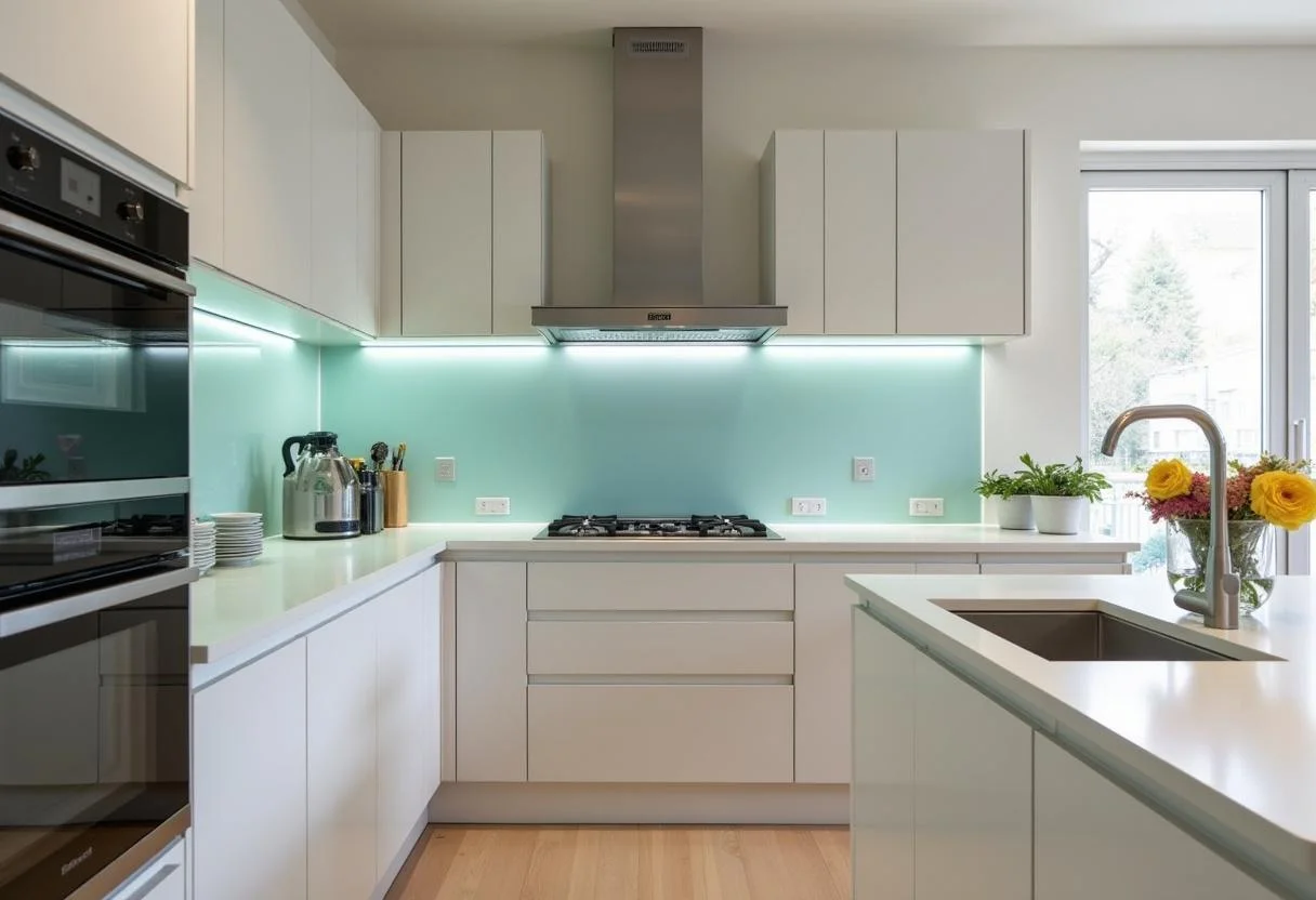 Moderne Küche mit Glas Spritzschutz hinter dem Herd, stilvolles Design und helle Farben.