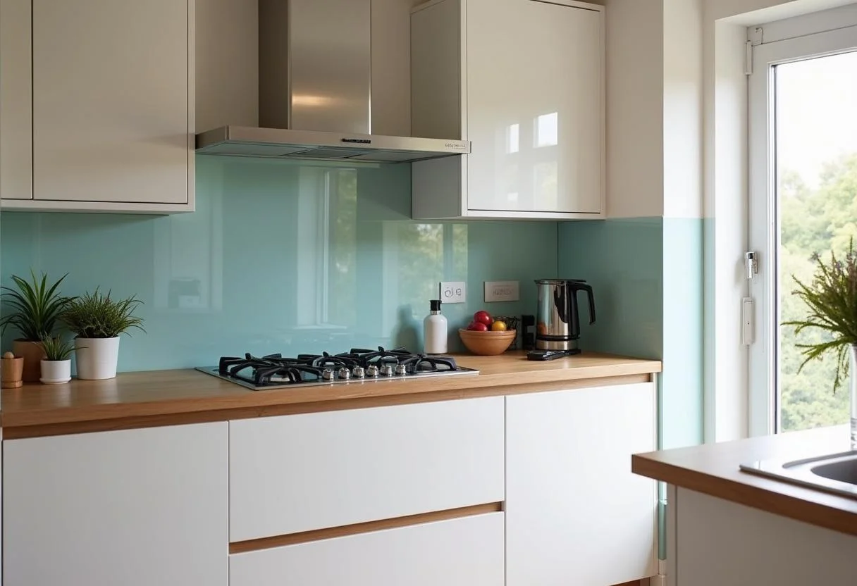 Glas Spritzschutz für die Küche installiert, harmonische Verbindung von modernen Geräten und Dekor.