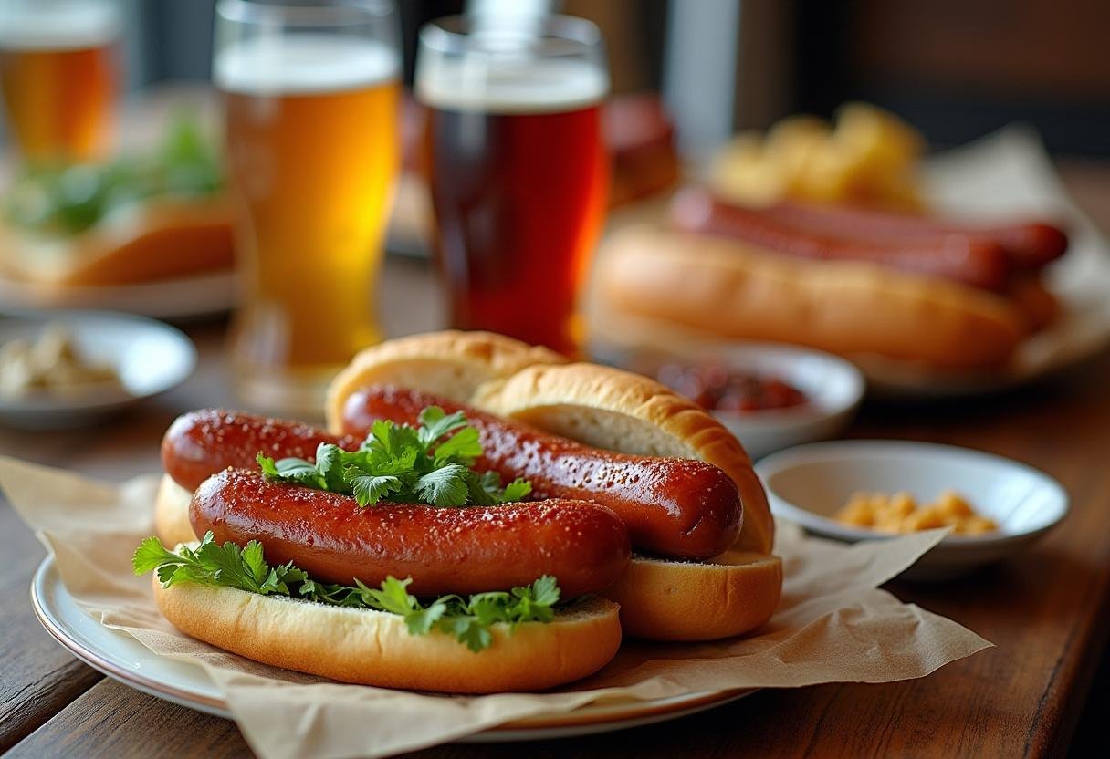 Fertige Bratwurstgerichte auf einem festlich gedeckten Tisch, ideal für köstliche Mahlzeiten.