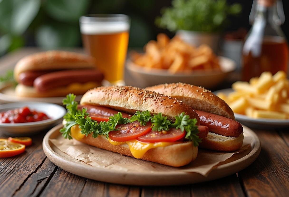 Fertige Bratwurstgerichte auf einem festlich gedeckten Tisch, ideal für köstliche Mahlzeiten.