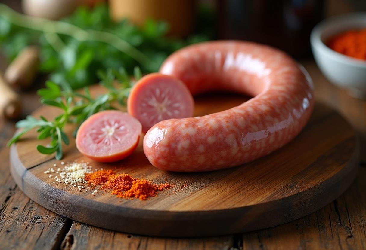 Rohe Bratwurst auf einem Schneidebrett mit frischen Kräutern für kalorien einer bratwurst.