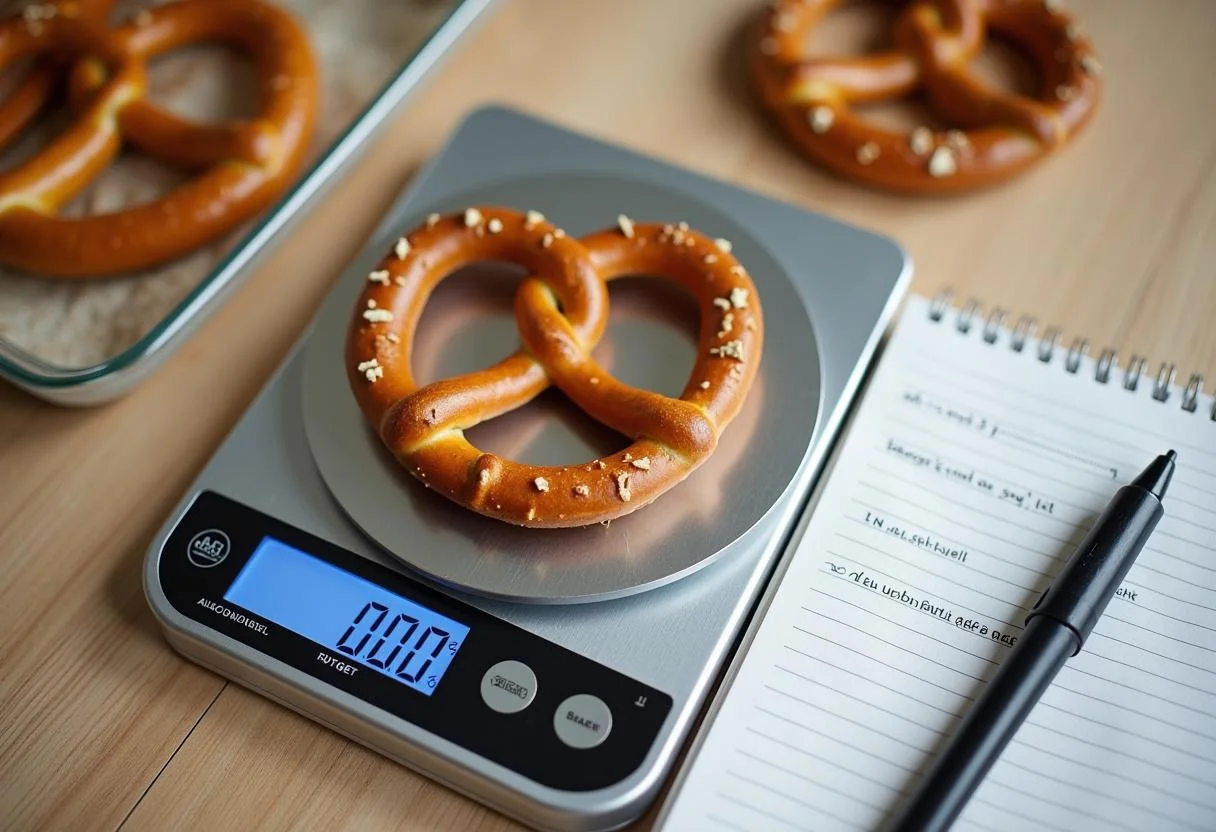 Wiegung einer Brezel zur Bestimmung der Kalorien einer Brezel.