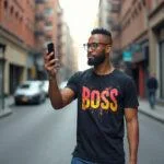Model showcasing the unique boss tee t shirt design in an urban environment, perfect for casual wear.