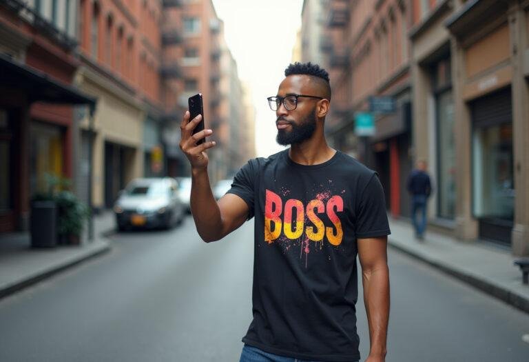 Model showcasing the unique boss tee t shirt design in an urban environment, perfect for casual wear.