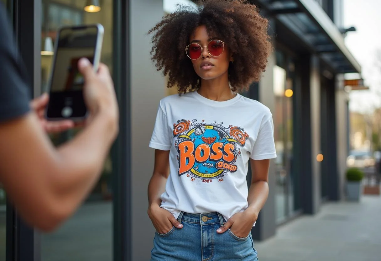 Model showcasing the unique boss tee t shirt design in an urban environment, perfect for casual wear.