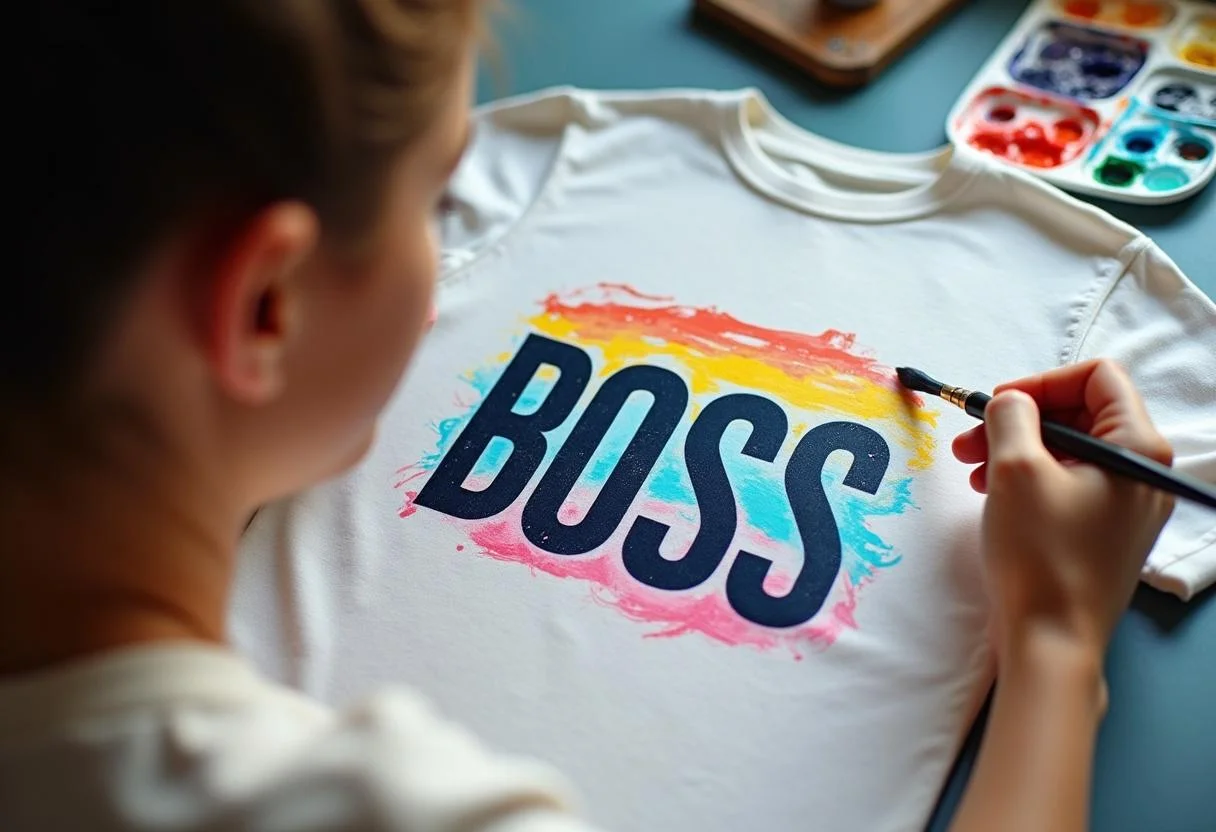 Painting a custom design on a tee shirt for a stylish boss tee t shirt look.