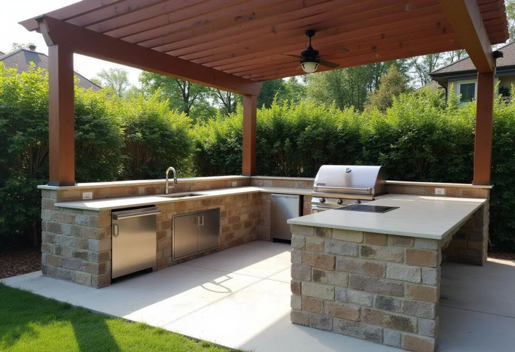Fertige Outdoor Küche mit Grill und Sitzbereich, perfekt für gesellige Grillabende im Freien.