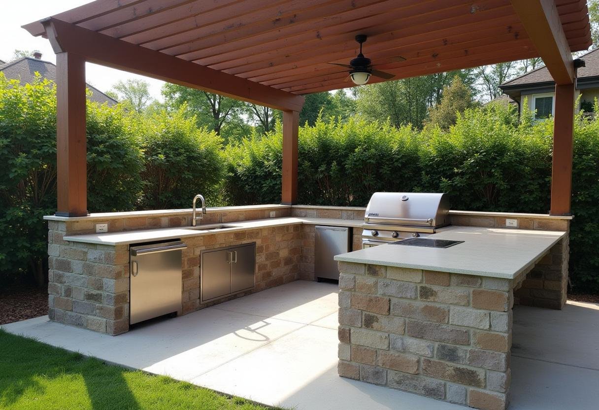 Fertige Outdoor Küche mit Grill und Sitzbereich, perfekt für gesellige Grillabende im Freien.