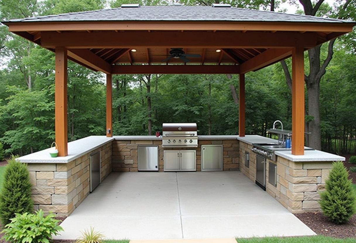 Fertige Outdoor Küche mit Grill und Sitzbereich, perfekt für gesellige Grillabende im Freien.