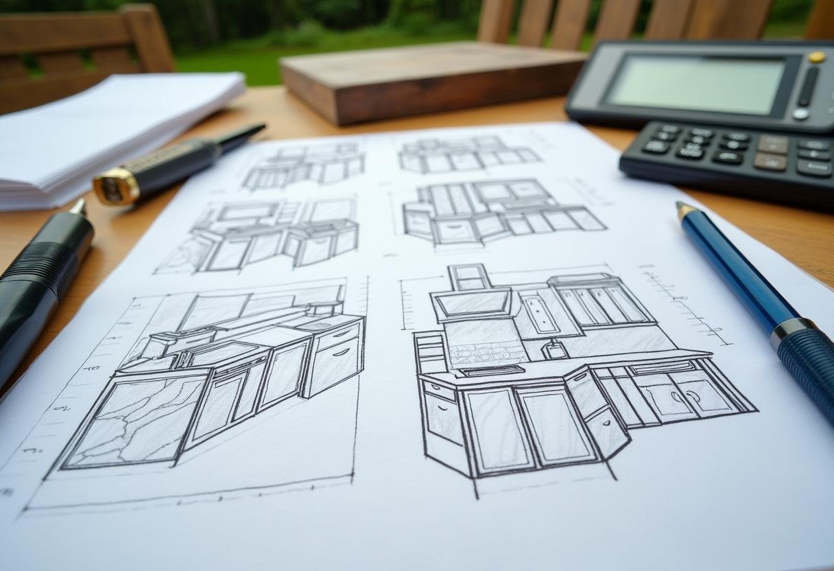 Ideen für die Gestaltung einer Outdoor Küche auf Skizzenpapier, ideal für Gartenprojekte.