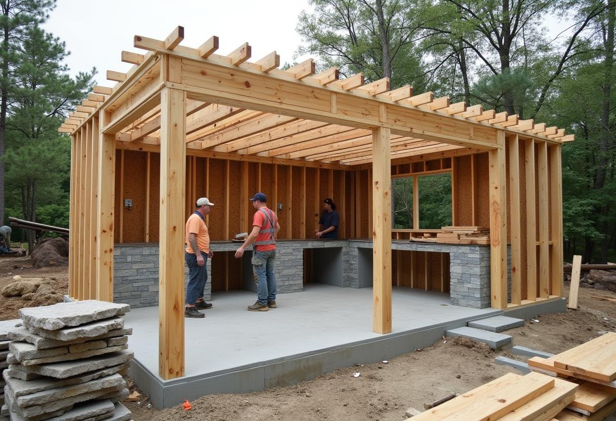 Outdoor Küche aus Holz und Stein wird gebaut, eine ideale Inspiration für Bauideen.