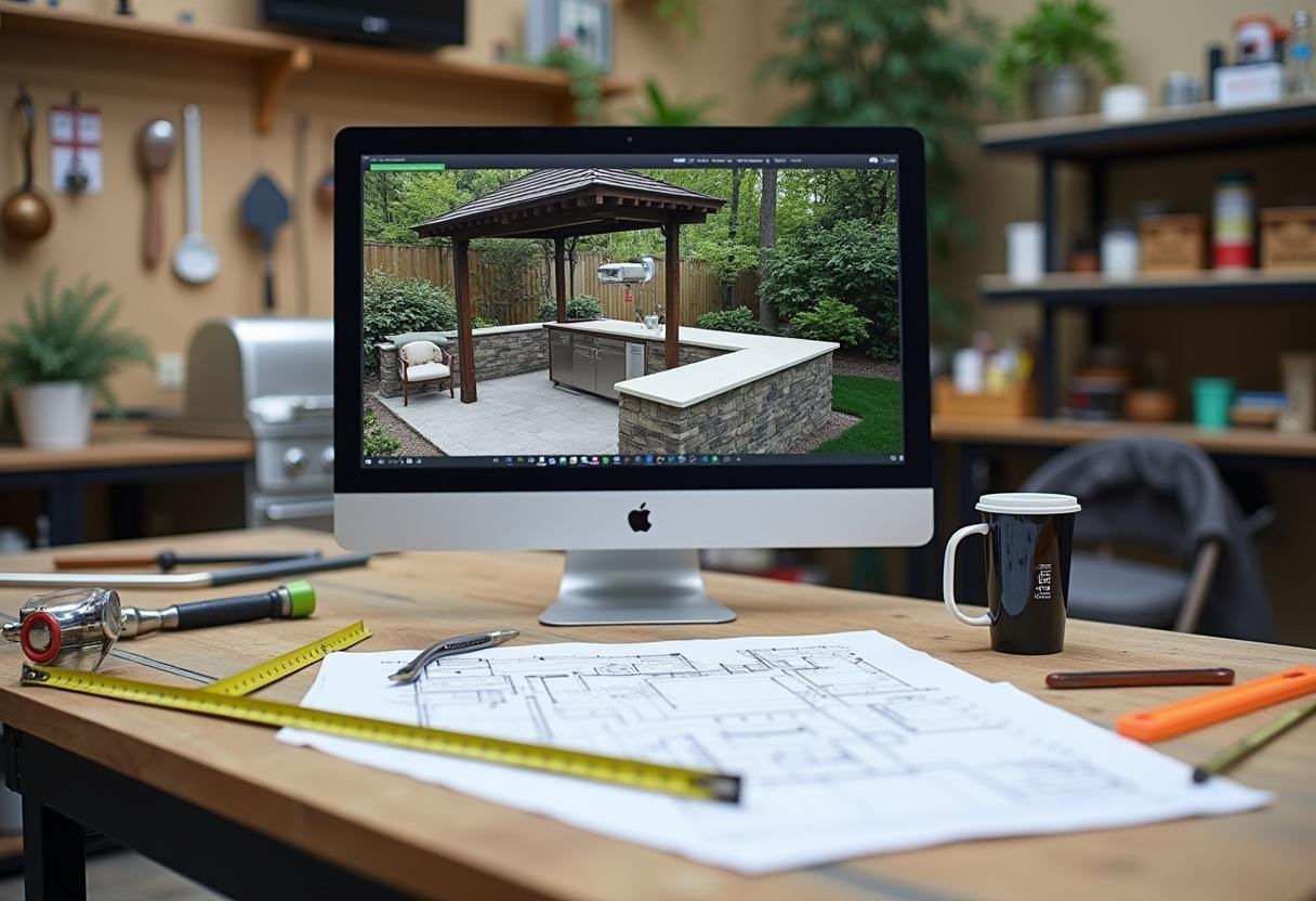 Planung und Design einer wetterfesten Outdoor Küche auf dem Computer, ideal für kreative Ideen.