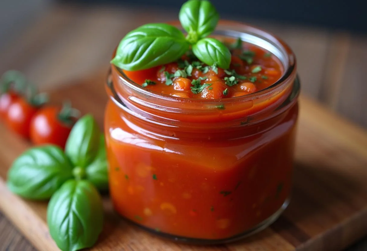 Fertige passierte Tomaten in einem Glas, ideal für Soßen und Gerichte.
