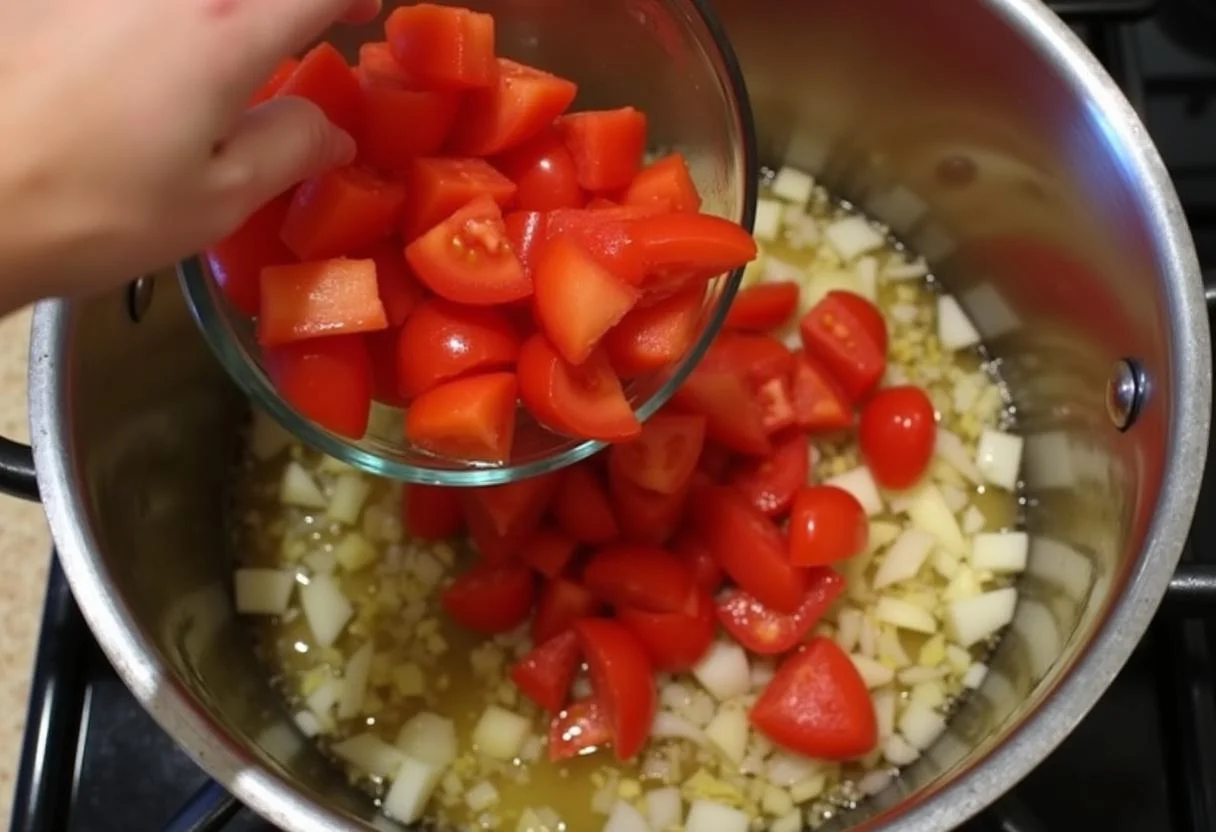 Diced tomatoes, onions, and garlic in a pot for passierte Tomaten für Soßen.