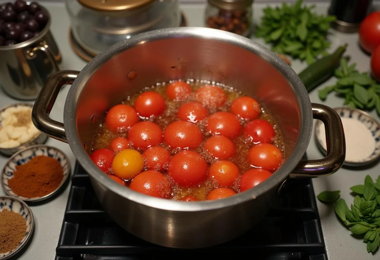 Tomaten kochen in einem Topf für die Zubereitung von passierten Tomaten für Soßen.