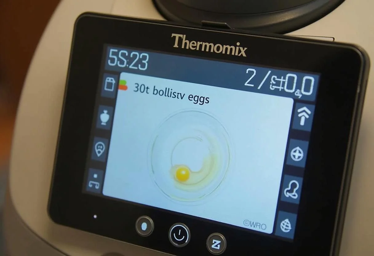 Einstellungen für das Eier kochen im Thermomix auf dem Bildschirm angezeigt.
