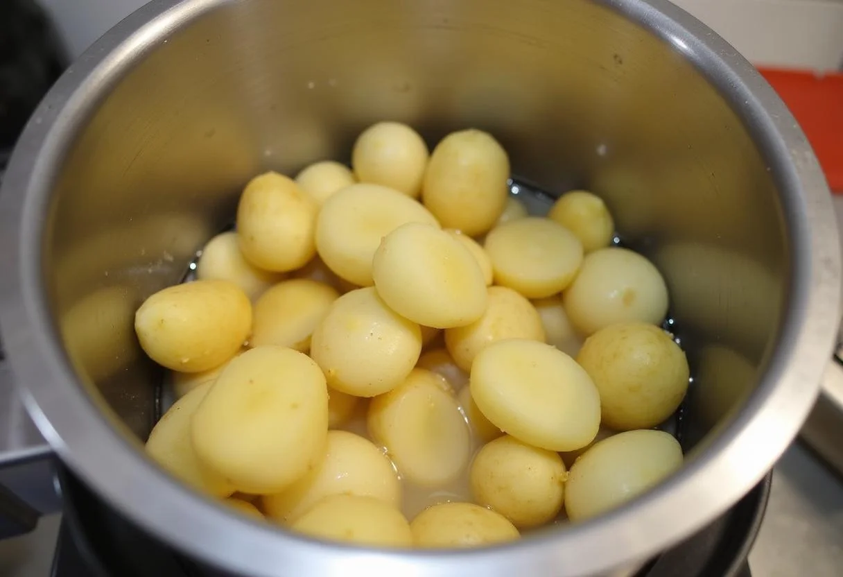 Peeled potatoes in Thermomix bowl with water and salt for perfektes Kartoffeln kochen im Thermomix.