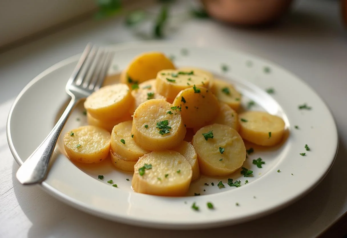 Garnished plate of cooked potatoes ready to serve after kartoffeln kochen thermomix.