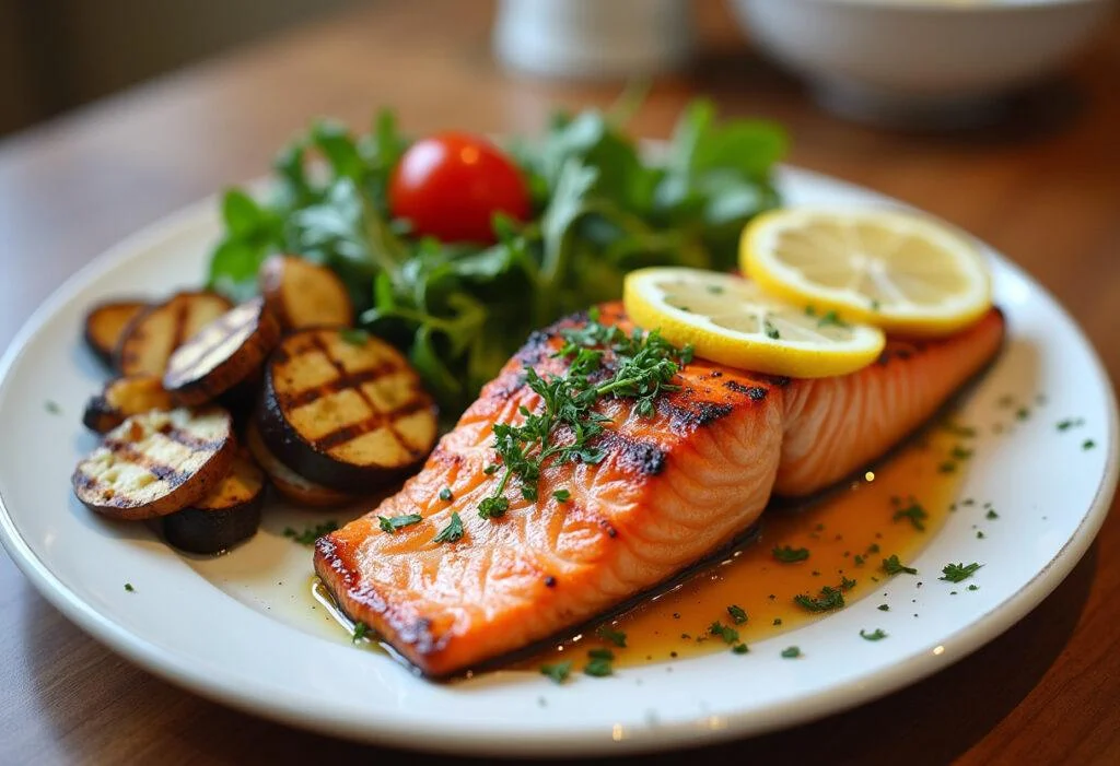 Perfekt gegrillter Lachs serviert mit frischen Kräutern und Zitrone für ein köstliches Grillgericht.