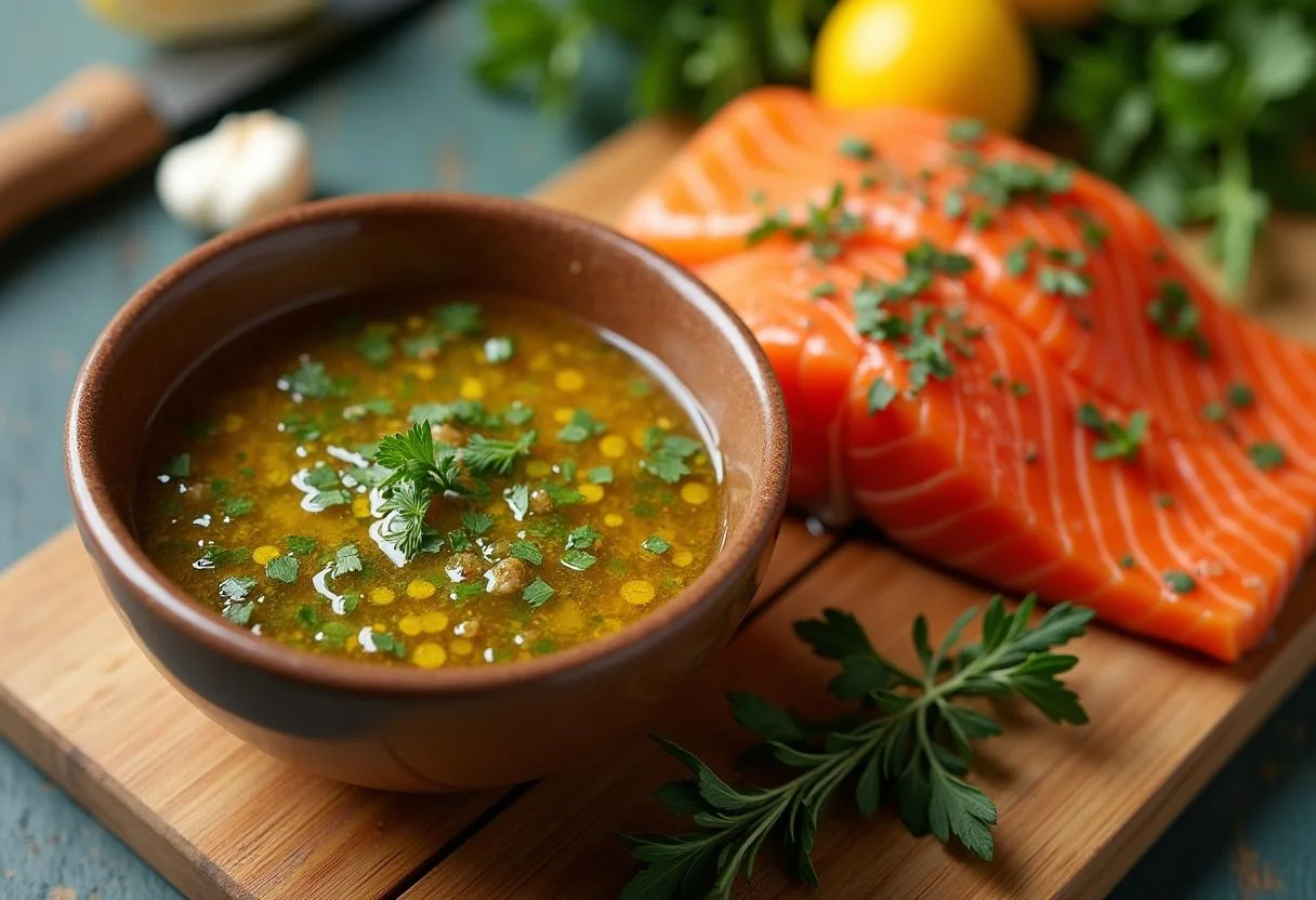 Marinade für Lachs grillen mit Olivenöl, Zitronensaft und Kräutern zur Vorbereitung des Grillens.